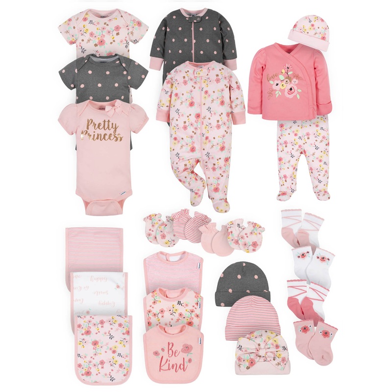 25-Piece Baby Girls Love You Onesies Bodysuit, Sleep ‘N Play, Take-Me-Home Set, Bib, Burp Cloth, Socks, Caps and Mittens Set