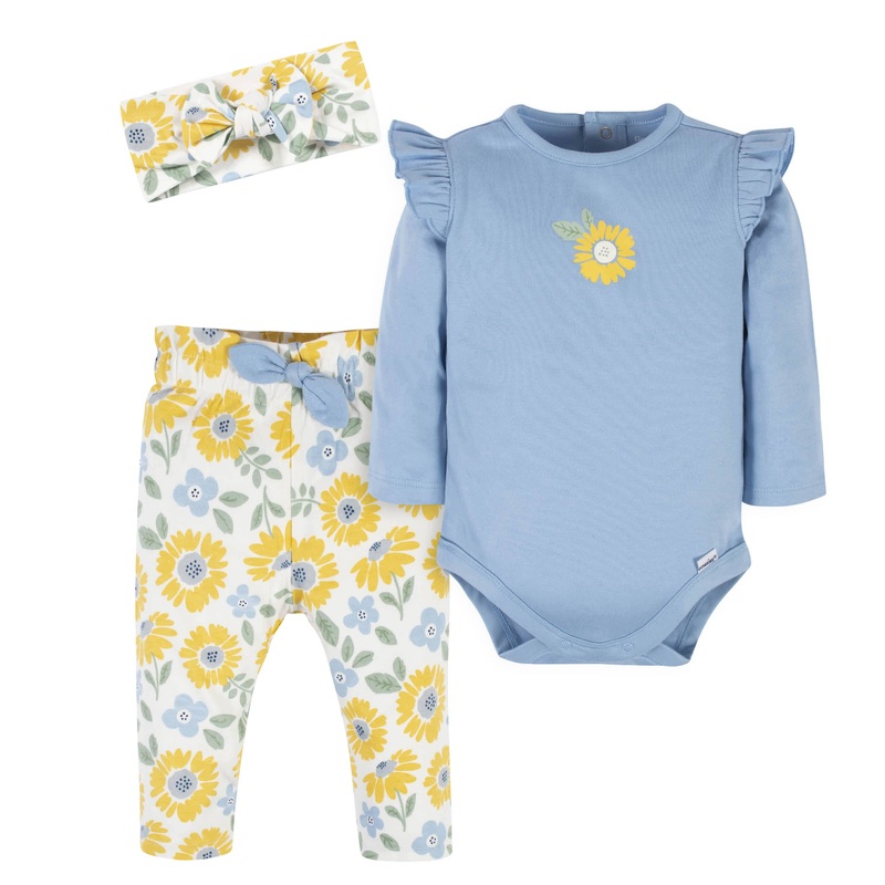 3-Piece Baby Girls Sunny Garden Onesies Bodysuit, Pants & Headband Set