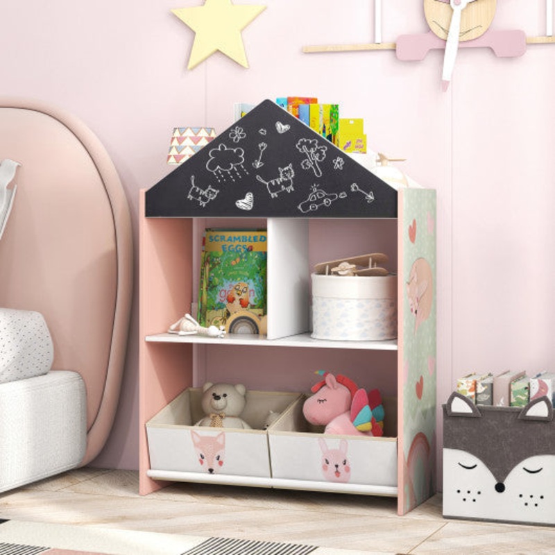 Playhouse Kids Bookshelf With Chalkboard and Whiteboard for 3-6 Years-Pink