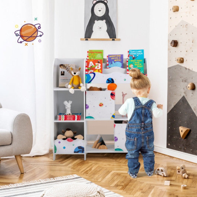 Kids Toy and Book Organizer Children Wooden Storage Cabinet With Storage Bins – Planet