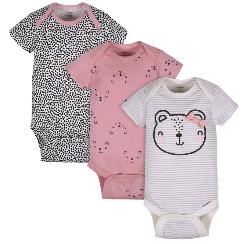 3-Pack Baby Girls Bear Short Sleeve Onesies Bodysuits