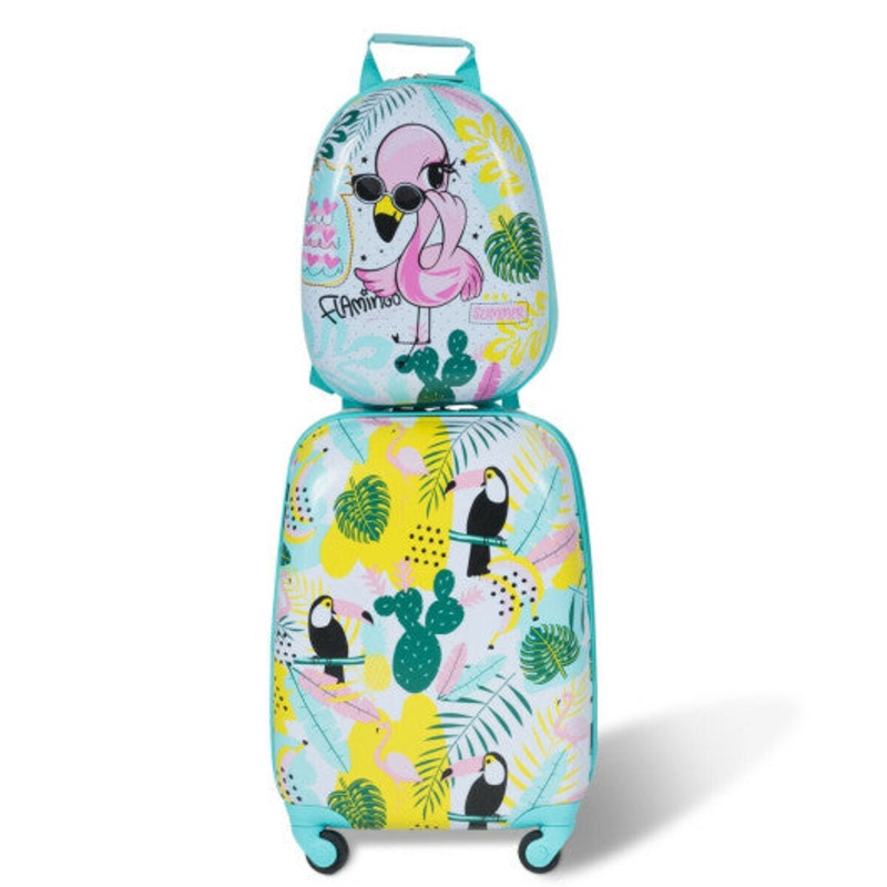 2 Pieces Kid’s Luggage Set 12-Inch Backpack and 16-Inch Rolling Suitcase Travel – Flamingo