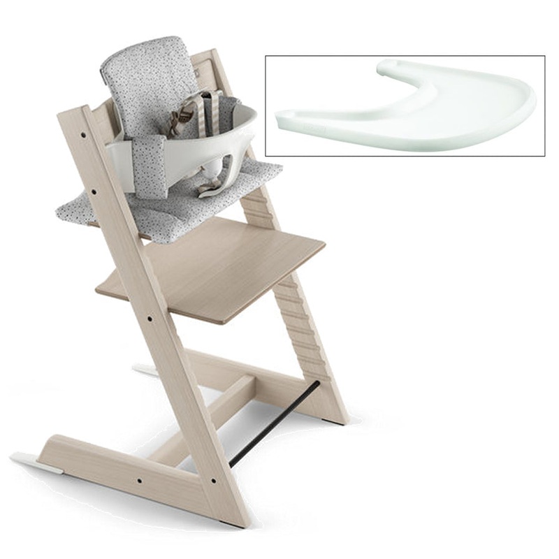 Tripp Trapp High Chair and Cushion with Stokke Tray – Whitewash/Cloud Sprinkle