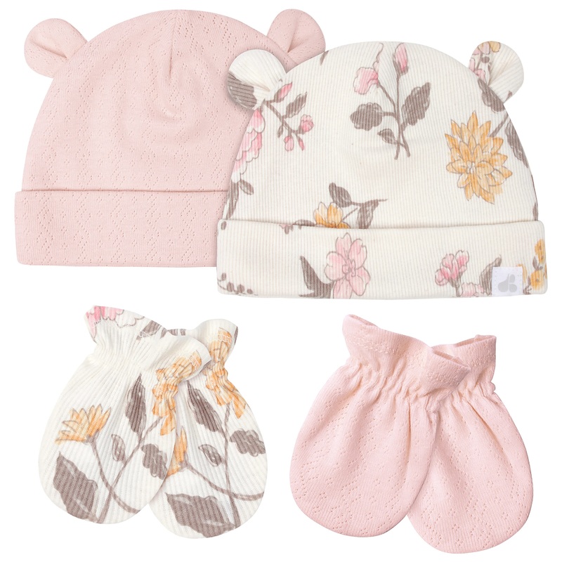 4-Piece Baby Girls Vintage Floral Caps & Mittens Set