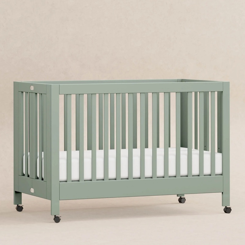 Maki Full-Size Folding Crib with Toddler Rail – Light Sage