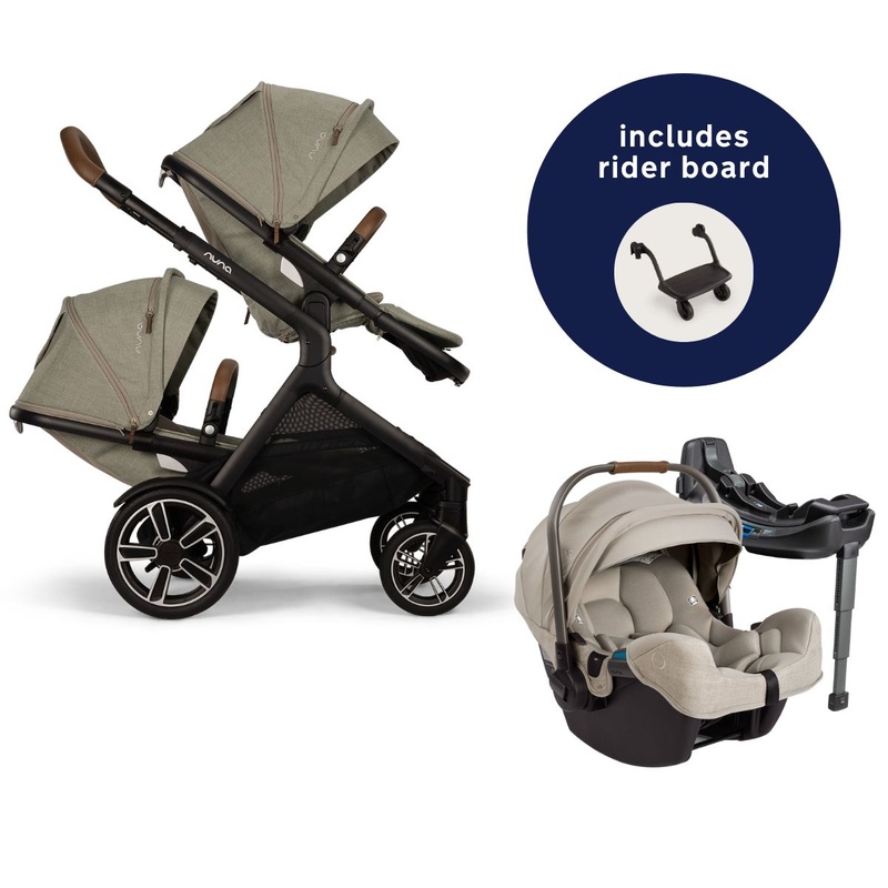 Nuna DEMI Next Double Stroller with Rider Board + PIPA RX Travel System Bundle – Hazelwood