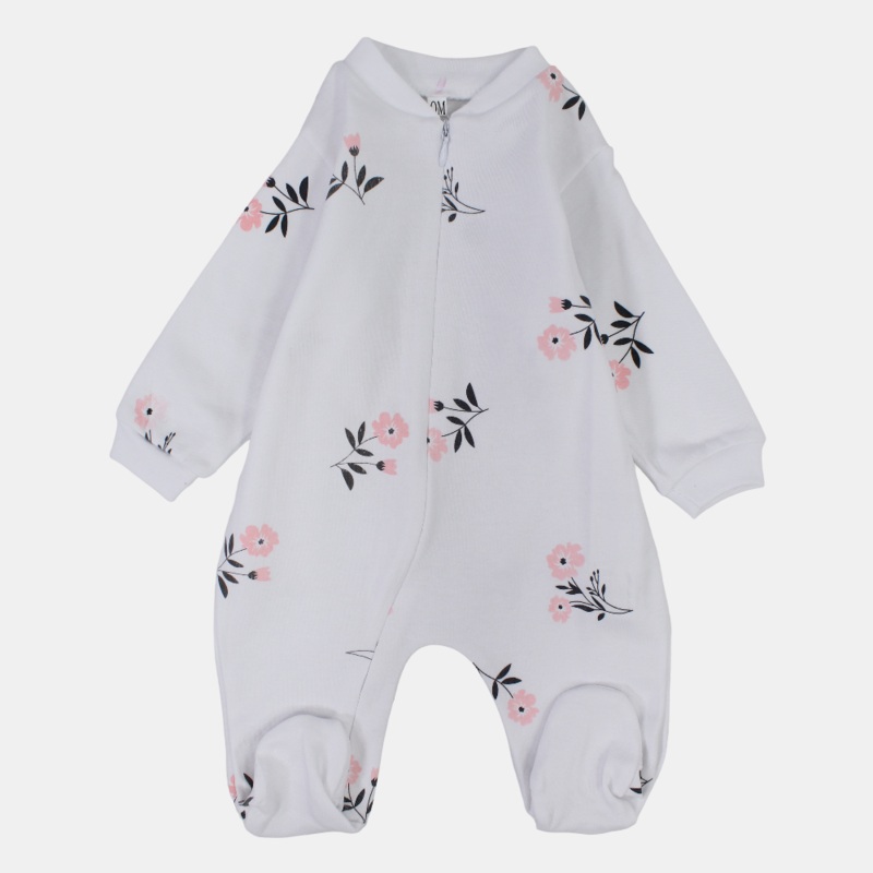 Baby Girls Cotton Long-Sleeved Baby Footie  White with Floral Print