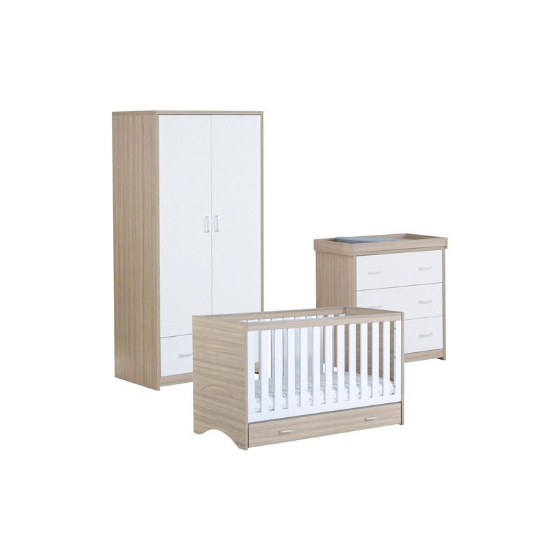 Babymore Veni White Oak Room set 3 pieces – Cot Bed with drawer, Chest & Wardrobe
