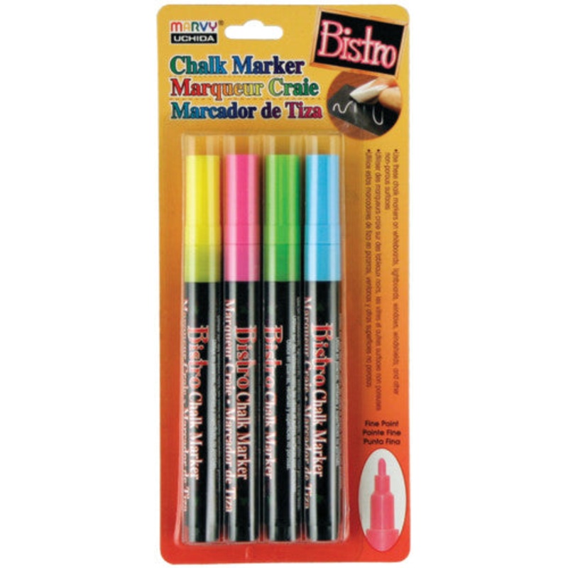 Bistro Chalk Markers, Fine Tip 4-Color Set, Fluorescent Pink, Blue, Green, Yellow