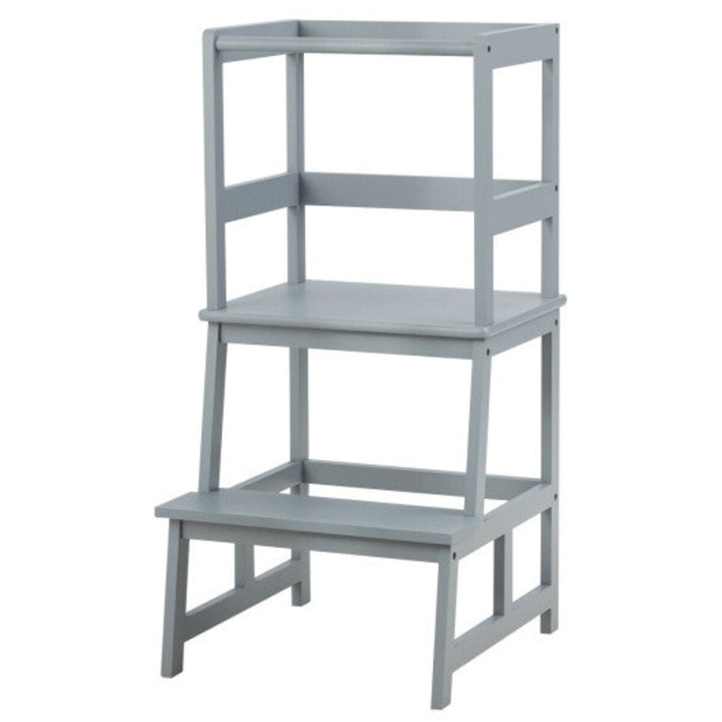 Kids Wooden Kitchen Step Stool With Safety Rail-Gray