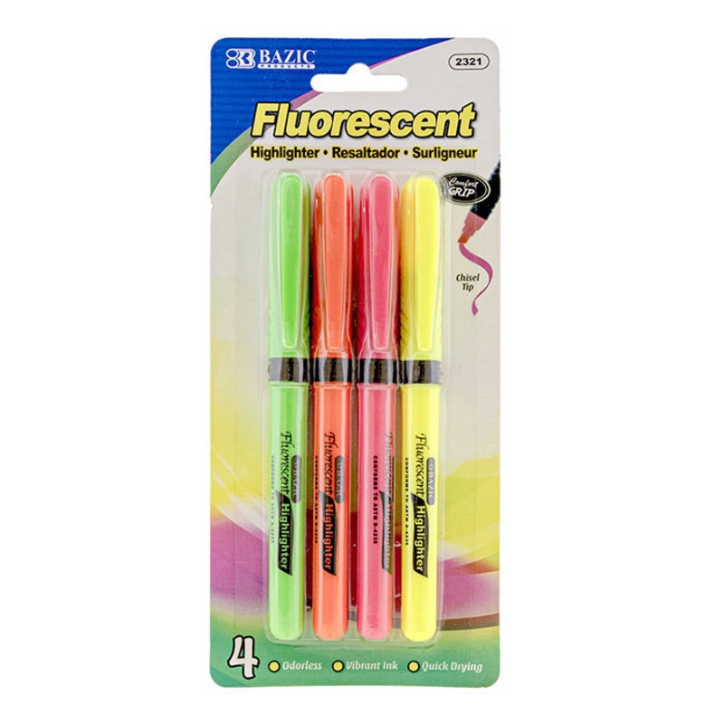 BAZIC Pen Style Fluorescent Highlighter w/ Cushion Grip (4/Pack)