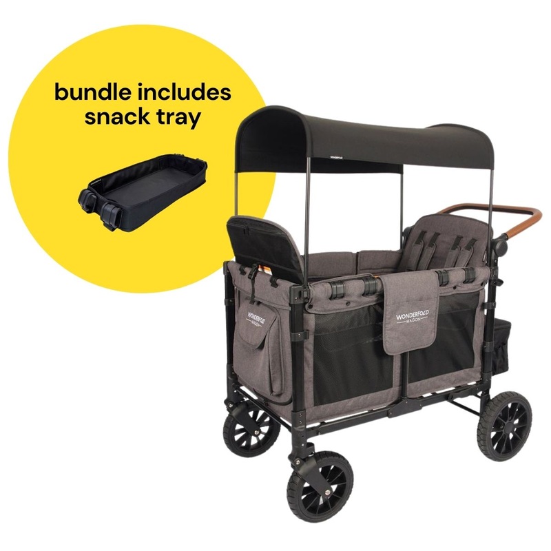 WonderFold W4 Luxe Multifunctional Quad (4 Seater) Stroller Wagon + Snack Tray Bundle – Charcoal Gray/Black Frame
