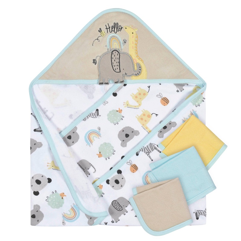 4-Piece Baby Neutral Little Animals Hooded Towel and Washcloths