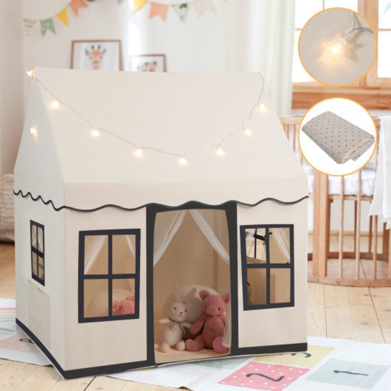 Toddler Large Playhouse With Star String Lights-Beige