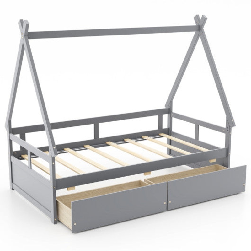 Twin Size House Bed With Roof and Safety Guardrail-Gray