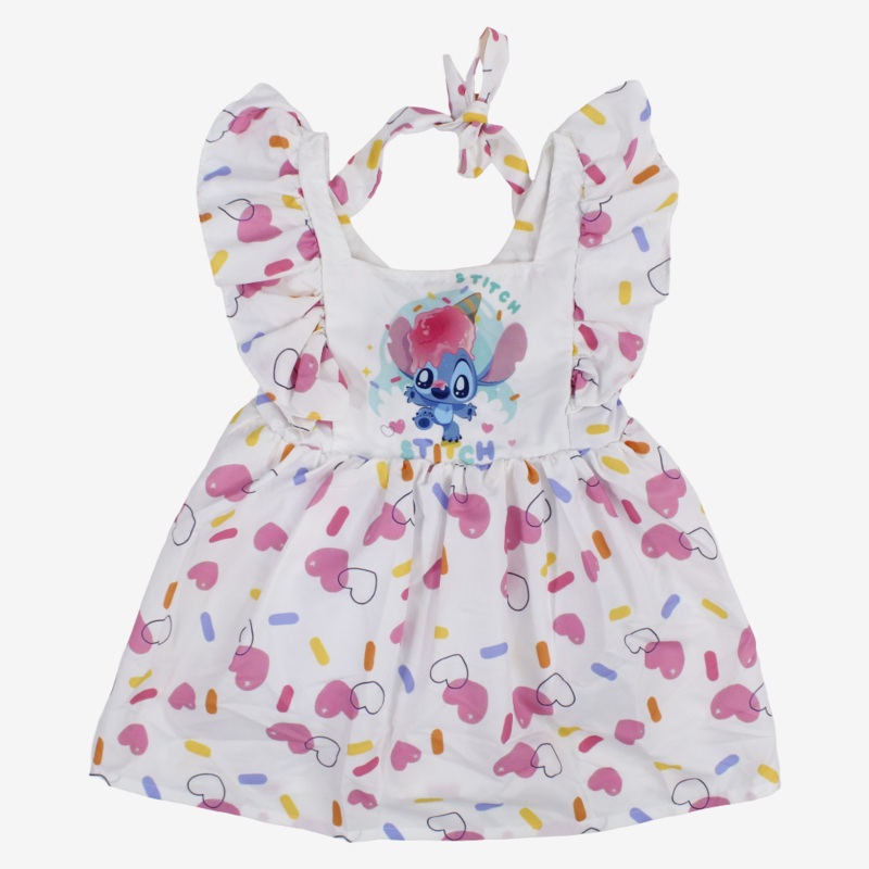 Girls Cotton Dress  Off-white with Stitch Print