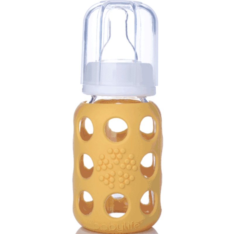 Lifefactory Glass Baby Bottle with Silicone Sleeve 4 oz in Yellow