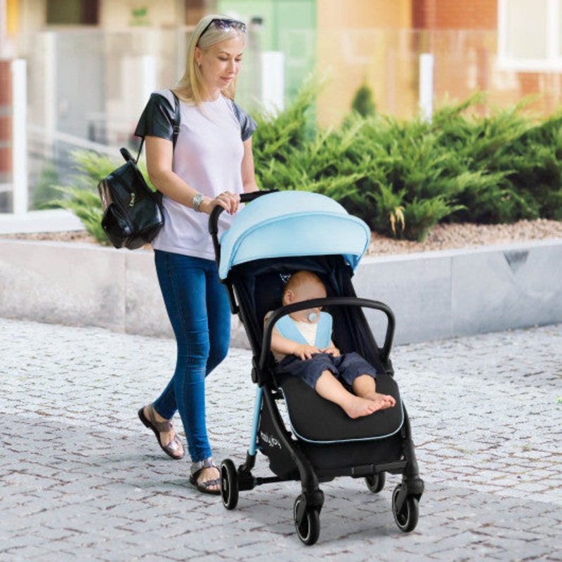 One-Hand Folding Portable Lightweight Baby Stroller With Aluminum Frame-Blue