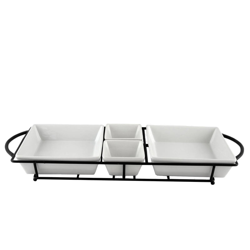 5pc Porcelain Gracious Serving Set with Metal Rack White
