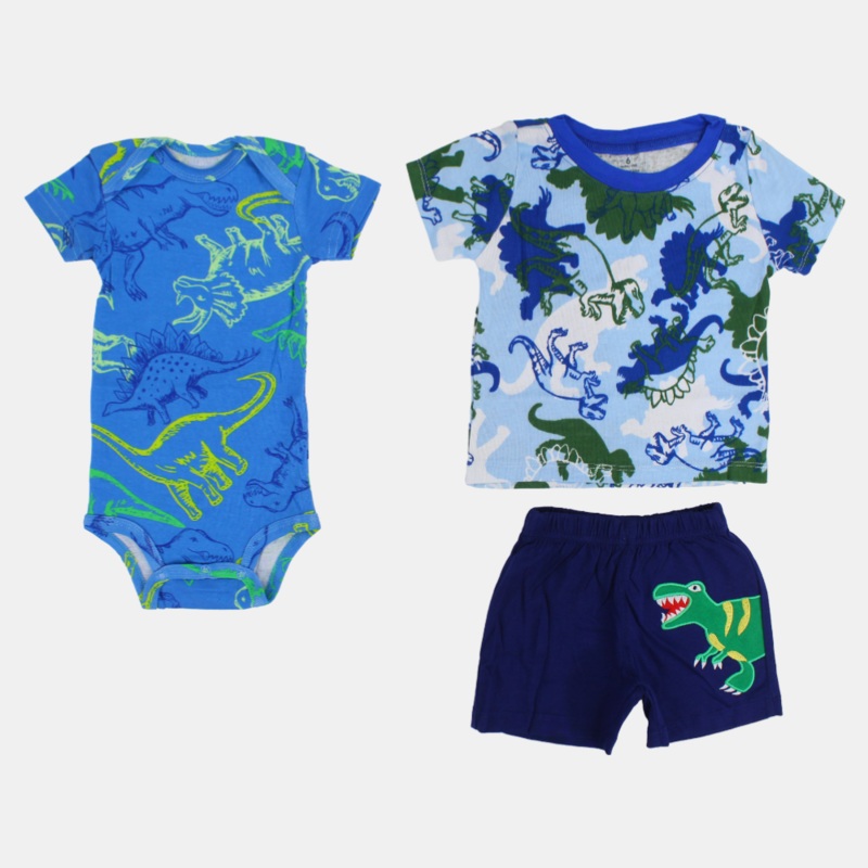 Baby Boys Cotton 3-Piece Outfit Set  Blue with Dinosaurs Design