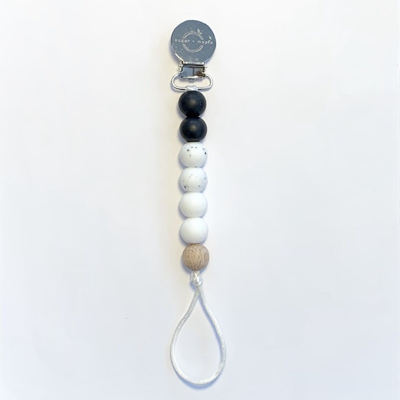 Sugar + Maple Pacifier + Teether Clip- Silicone with 1 Beechwood Bead – Black, Granite, White
