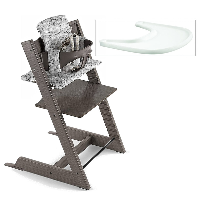 Tripp Trapp High Chair and Cushion with Stokke Tray — Hazy Grey/Cloud Sprinkle