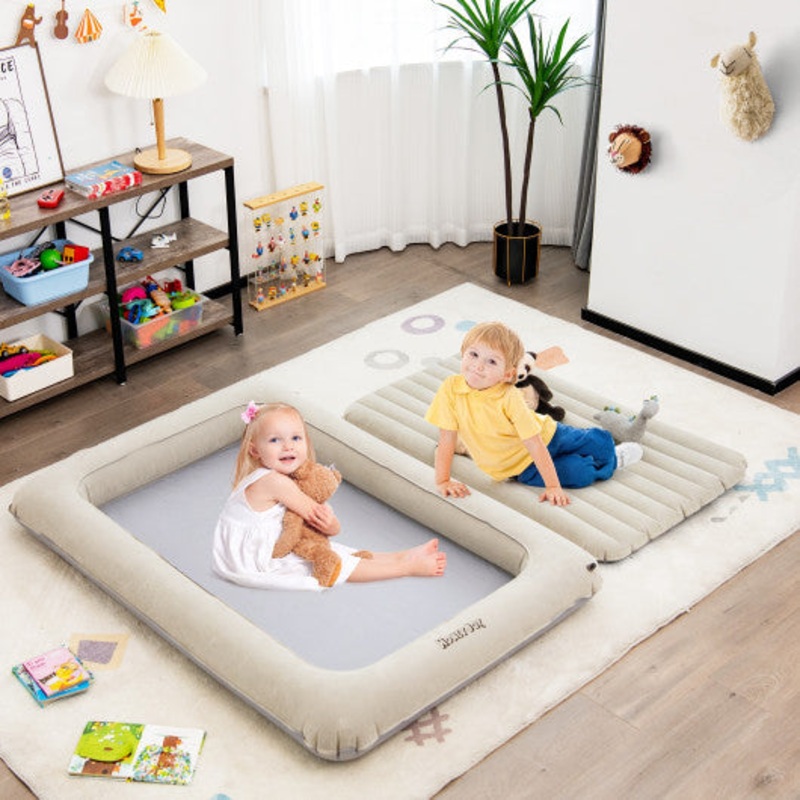 2-in-1 Multi-Purpose Inflatable Toddler Travel Bed Air Mattress Set With Electric Pump-Gray