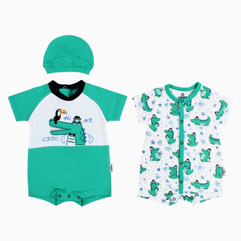 Baby Boys Cotton Romper  Green with Crocodile Print & a Beanie (Pack of 2)
