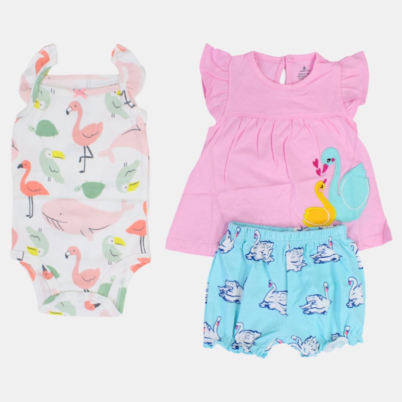 Baby Girls Cotton Outfit Set  Pink with Swan Design
