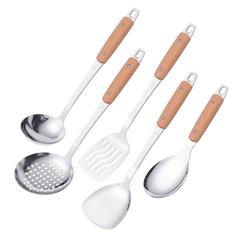 5-Piece Stainless Steel Kitchen Utensil Set With Wooden Handles
