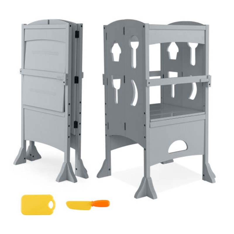Folding Wooden Step Stool With Lockable Safety Rail for Toddler 3+-Gray