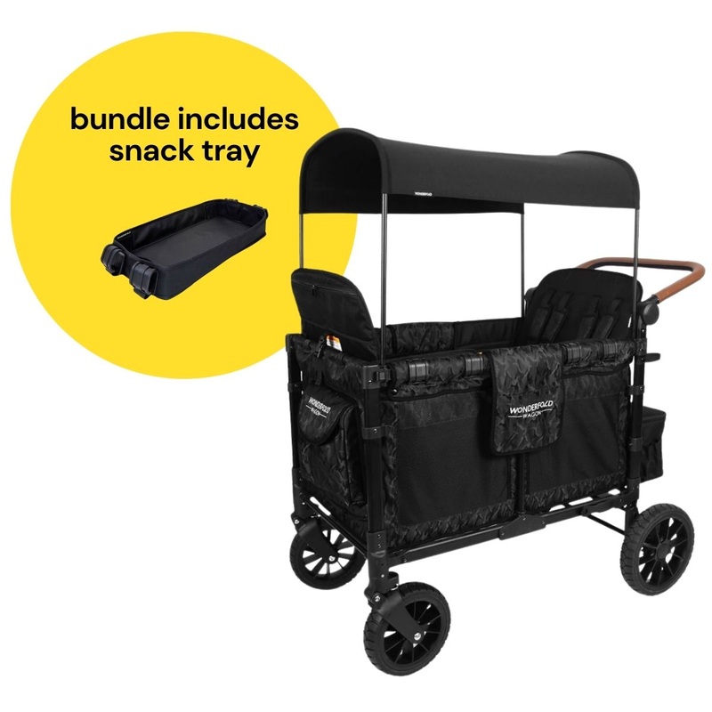WonderFold W4 Luxe Multifunctional Quad (4 Seater) Stroller Wagon + Snack Tray Bundle – Black Camo