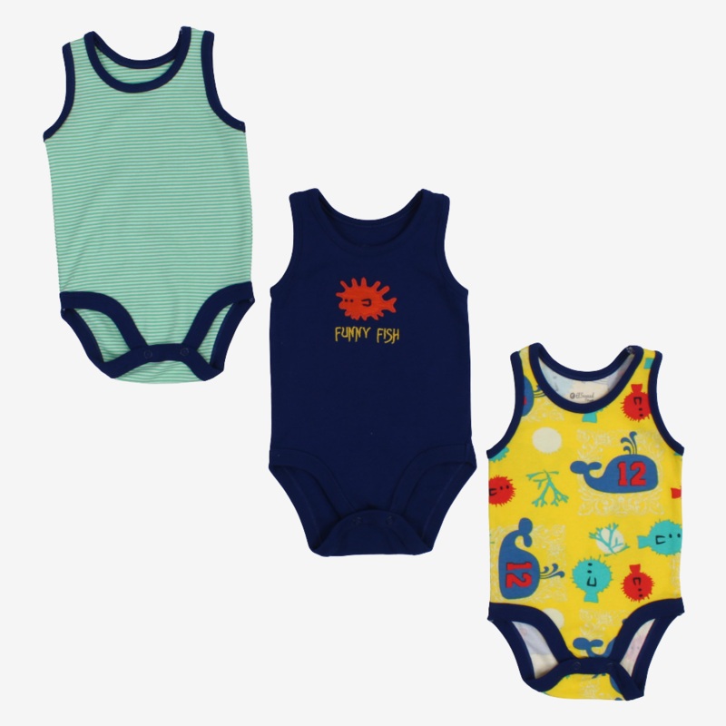 Baby Boys Cotton Sleeveless Bodysuit  3-Pack with Funny Fish Print