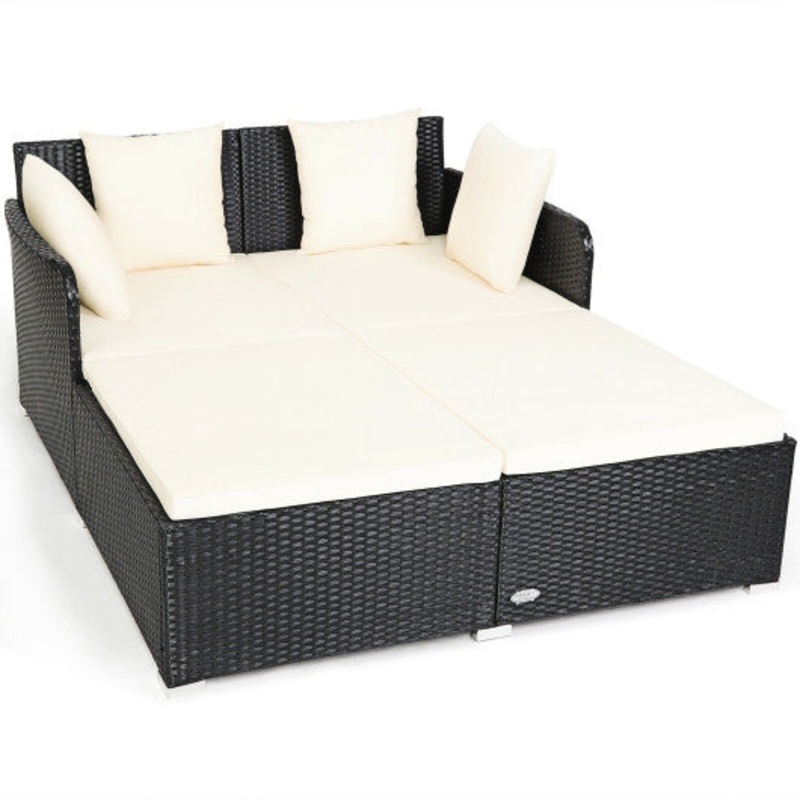 Spacious Outdoor Rattan Daybed With Upholstered Cushions and Pillows-White