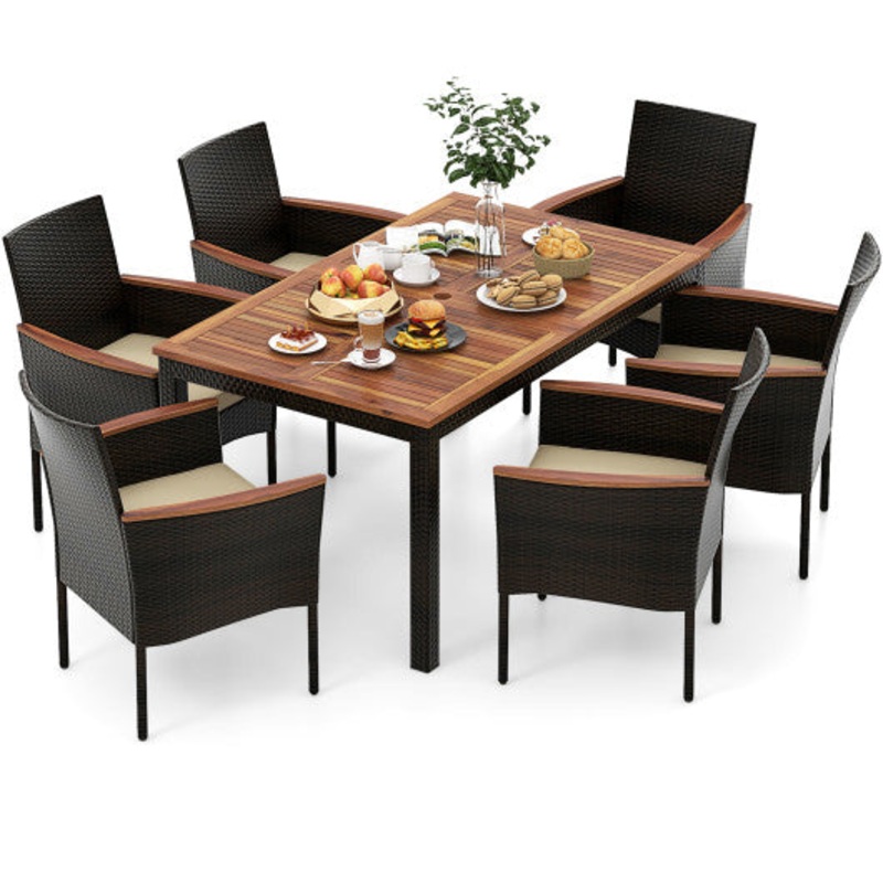 7 Pieces Rattan Patio Dining Set With Stackable Chairs and Umbrella Hole