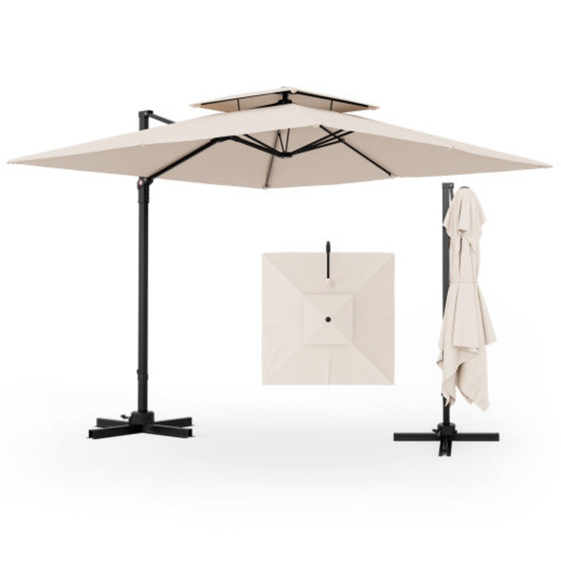 9.5 Feet Cantilever Patio Umbrella With 360 Rotation and Double Top-Beige