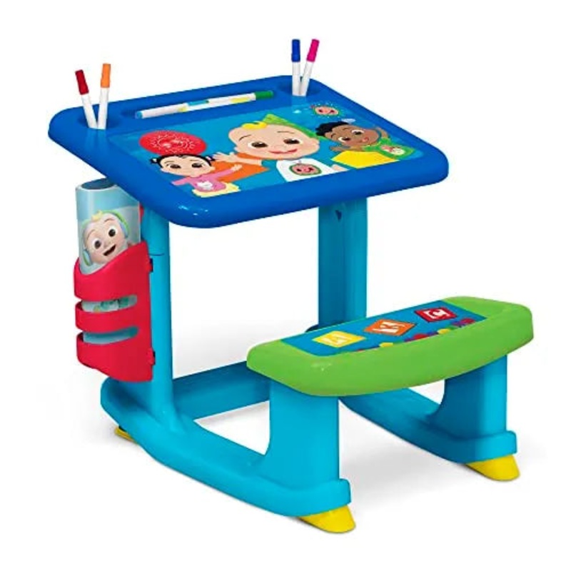 CoComelon Draw and Play Desk by Delta Children – Includes 10 Markers and Coloring Book  Blue