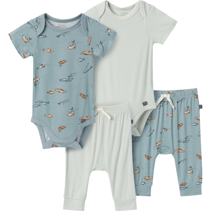 4-Piece Baby Boys Teal Fishing Bodysuits and Pants Viscose Set