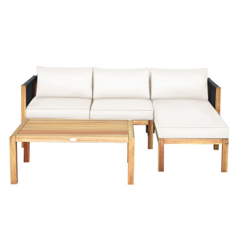 3 Pieces Patio Acacia Wood Sofa Furniture Set With Nylon Rope Armrest-White