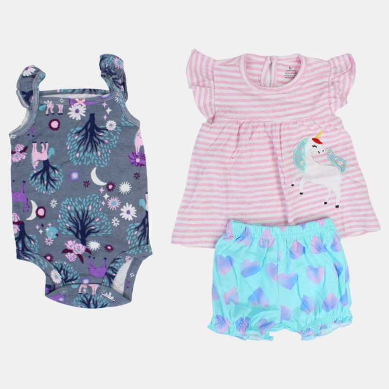 Baby Girls Cotton 3-Piece Outfit Set  Pink with Stripes and Unicorn Design