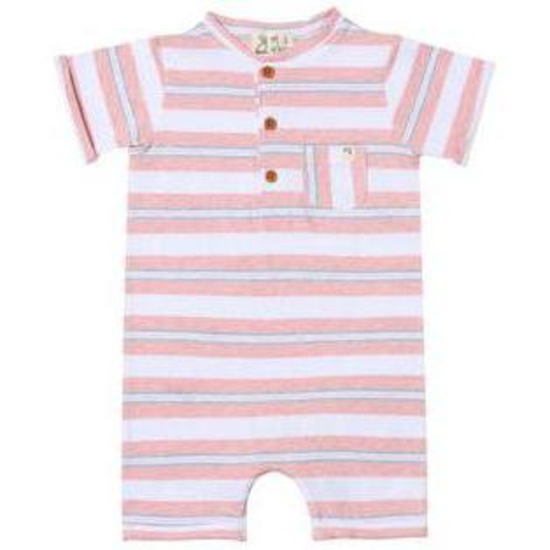 Me & Henry Camborne Henley Romper | Pink/Grey/White Multi Striped Rib