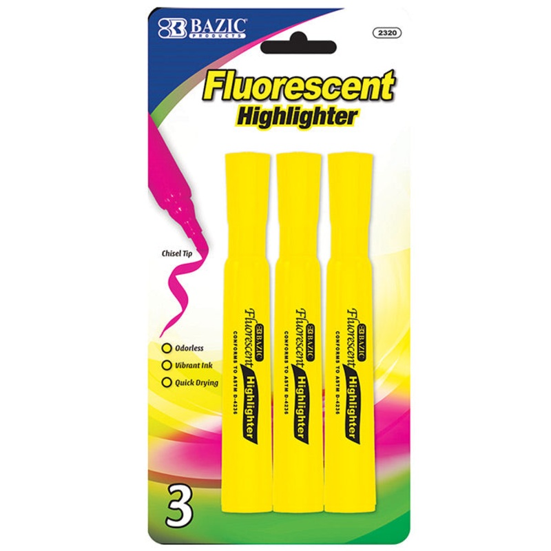 BAZIC Yellow Desk Style Fluorescent Highlighter (3/Pack)