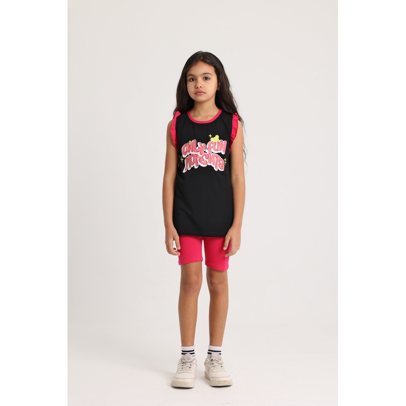 Girls Cotton Pajama Set  Black with “Only Fun Moments” Print