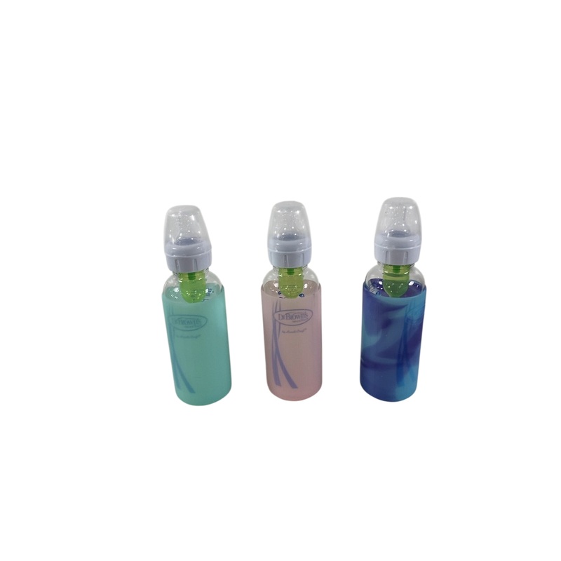 Dr. Brown’s Natural Flow Anti-Colic Options+ Narrow Glass Baby Bottles with Silicone Bottle Sleeve, 3 Pack, 8 oz, Pink, Mint, Glow