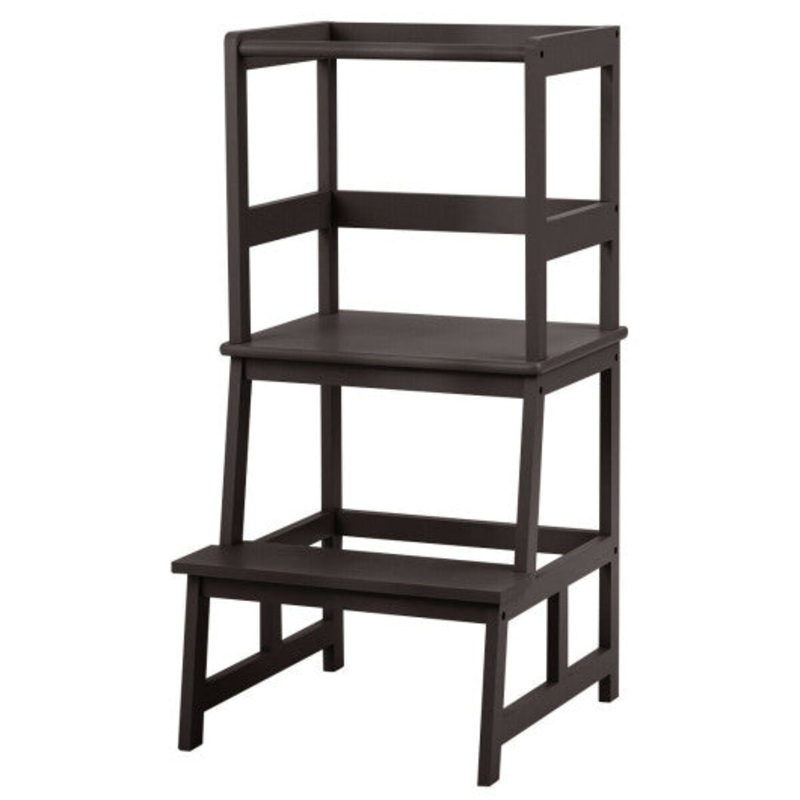 Kids Wooden Kitchen Step Stool With Safety Rail-Brown