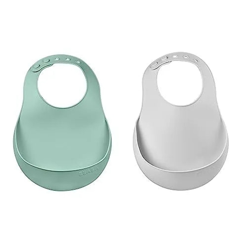 Silicone Baby Bib Set With Food Catcher  2 Pack in Sage and Cloud