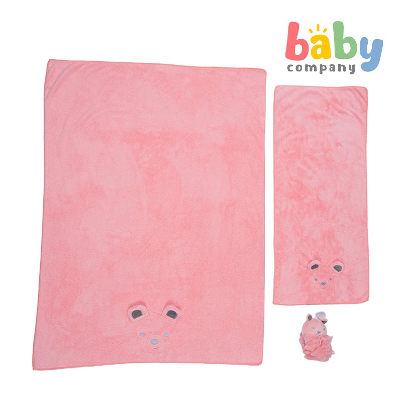 Bloom 3-Piece Bath Towel and Loofah Set For Kids – Pink Bear