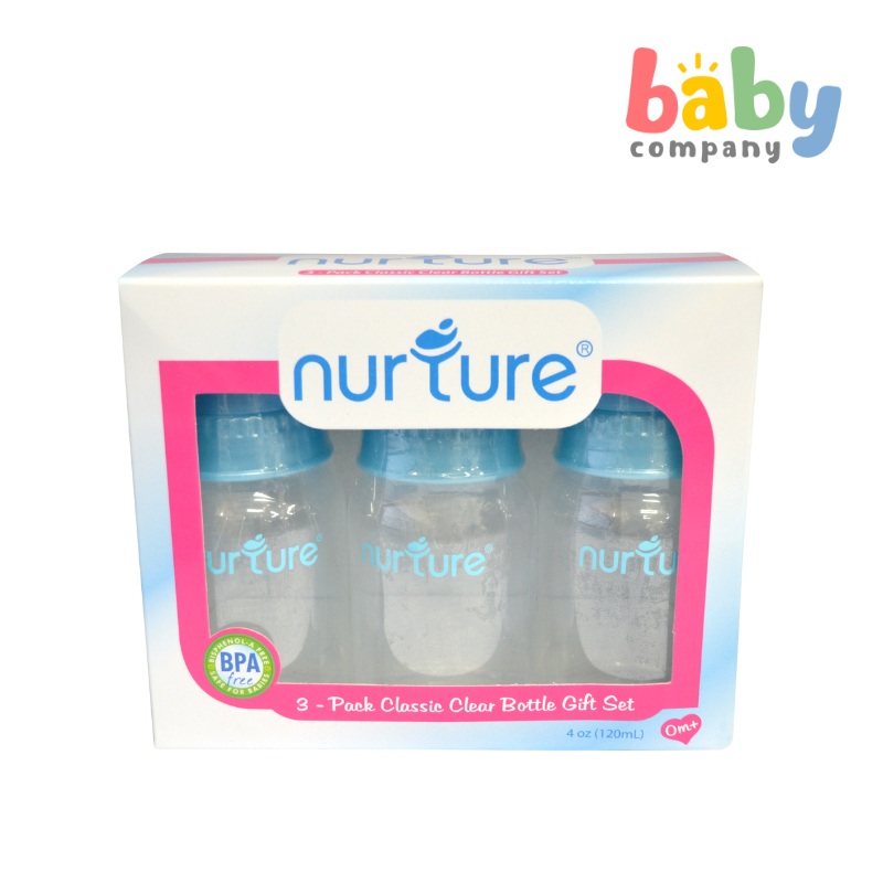 Nurture Classic Clear Feeding Bottles  – Pack of 3, 4oz Blue